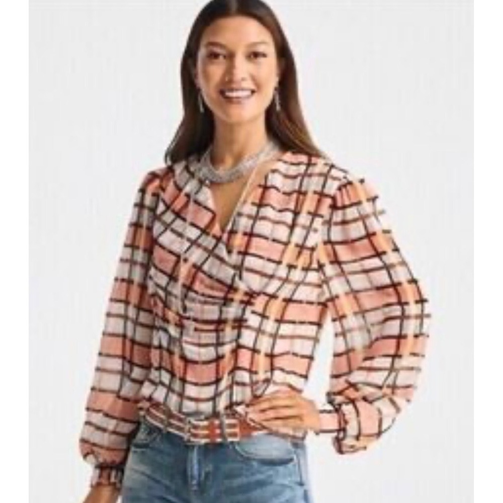 Cabi Fusion Top XS Orange Black Plaid Surplice V-Neck Metallic Blouse 6295
